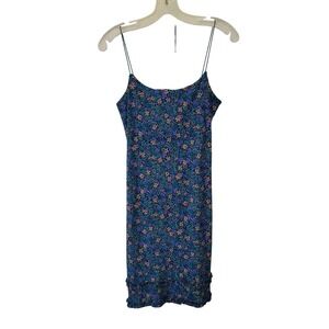 Byer Too! Women Size L Mini Slip Dress Teal Blue Floral 90s Vintage Ruffle Hem